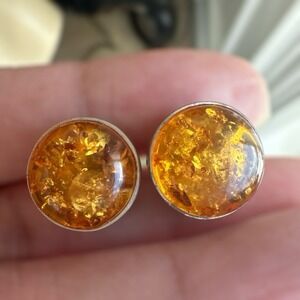Vintage Artisan Stud Earrings 0.5 Inch Domed Baltic Amber Gems 925 Sterling 5.0g